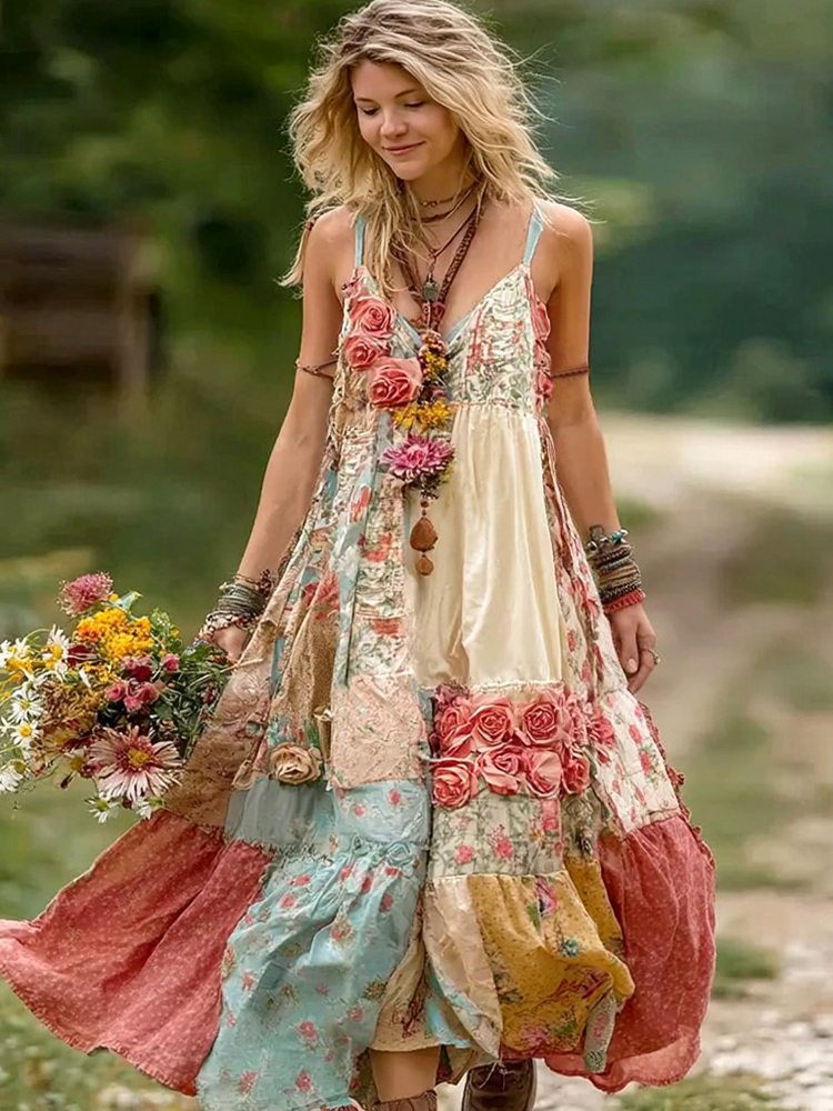 Women's Vintage Boho Floral Art Patchwork Comfy Midi Dress