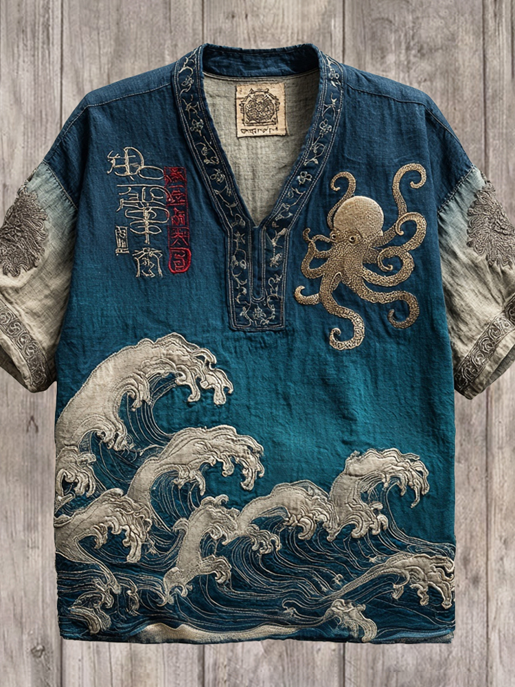 Japanese Wave & Octopus Art Men's Linen V-neck Shirt