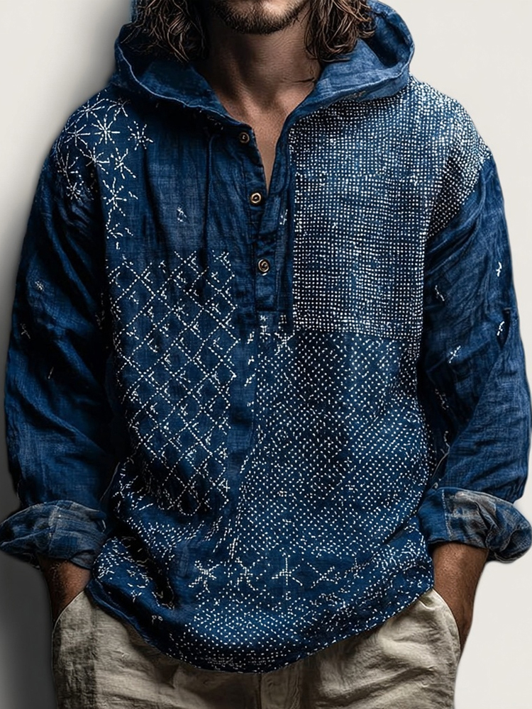 Men's Vintage Japanese Traditional Sashiko Art Linen Hooded Shirt