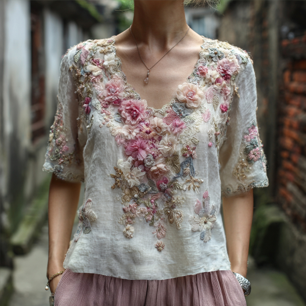 Bohemian Style Pink And White Small Flower Three-dimensional Embroidery Sequin Casual Vintage White V-neck Short-sleeved Shirt