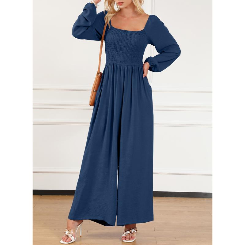 Women's Casual Loose Overalls Jumpsuits One Piece Long Sleeve Wide Leg Long Pant Rompers With Pockets