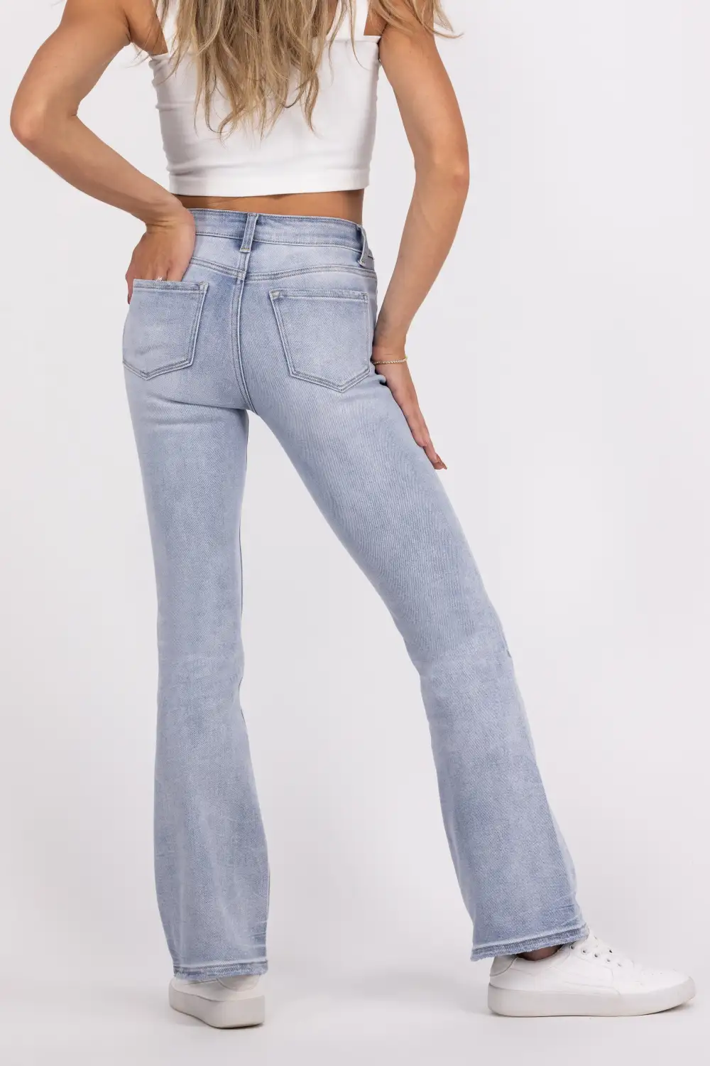 The Chelsea from Lovervet: Mid-Rise Tummy Control Distressed Bootcut Denim