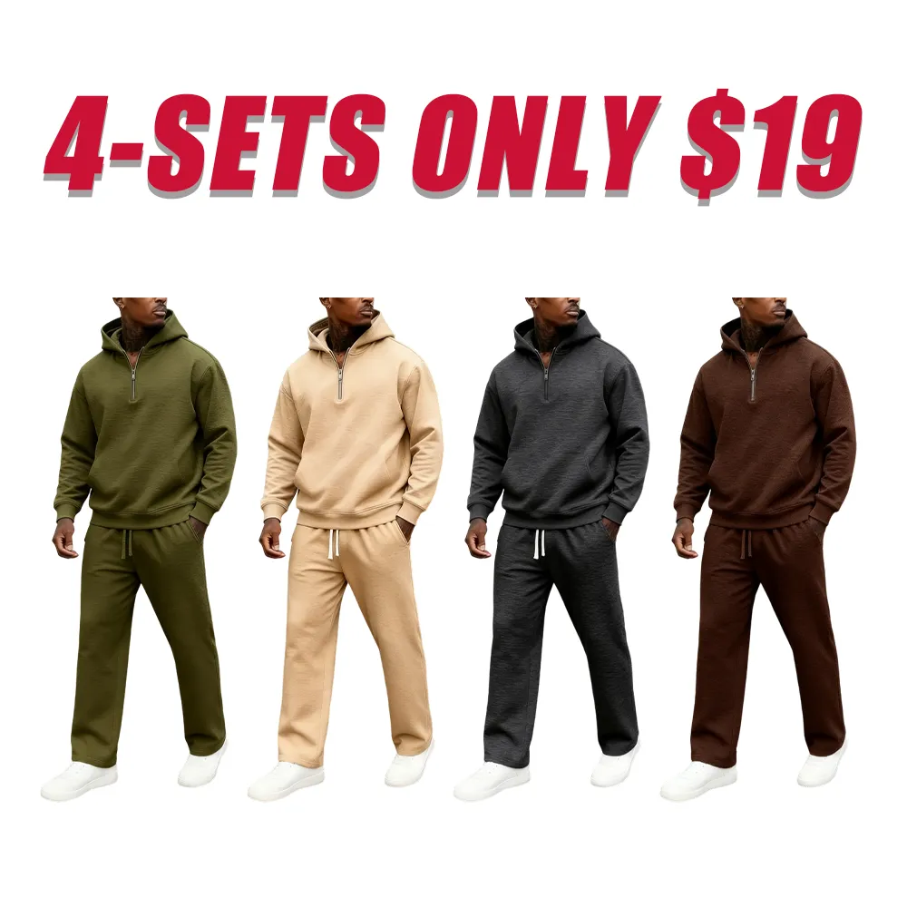 Men's Plain Two-piece Sweatsuit Set, Basic Regular Fit Casual Drop Shoulder Half Zip Hoodie & Pocket Drawstring Sweatpants