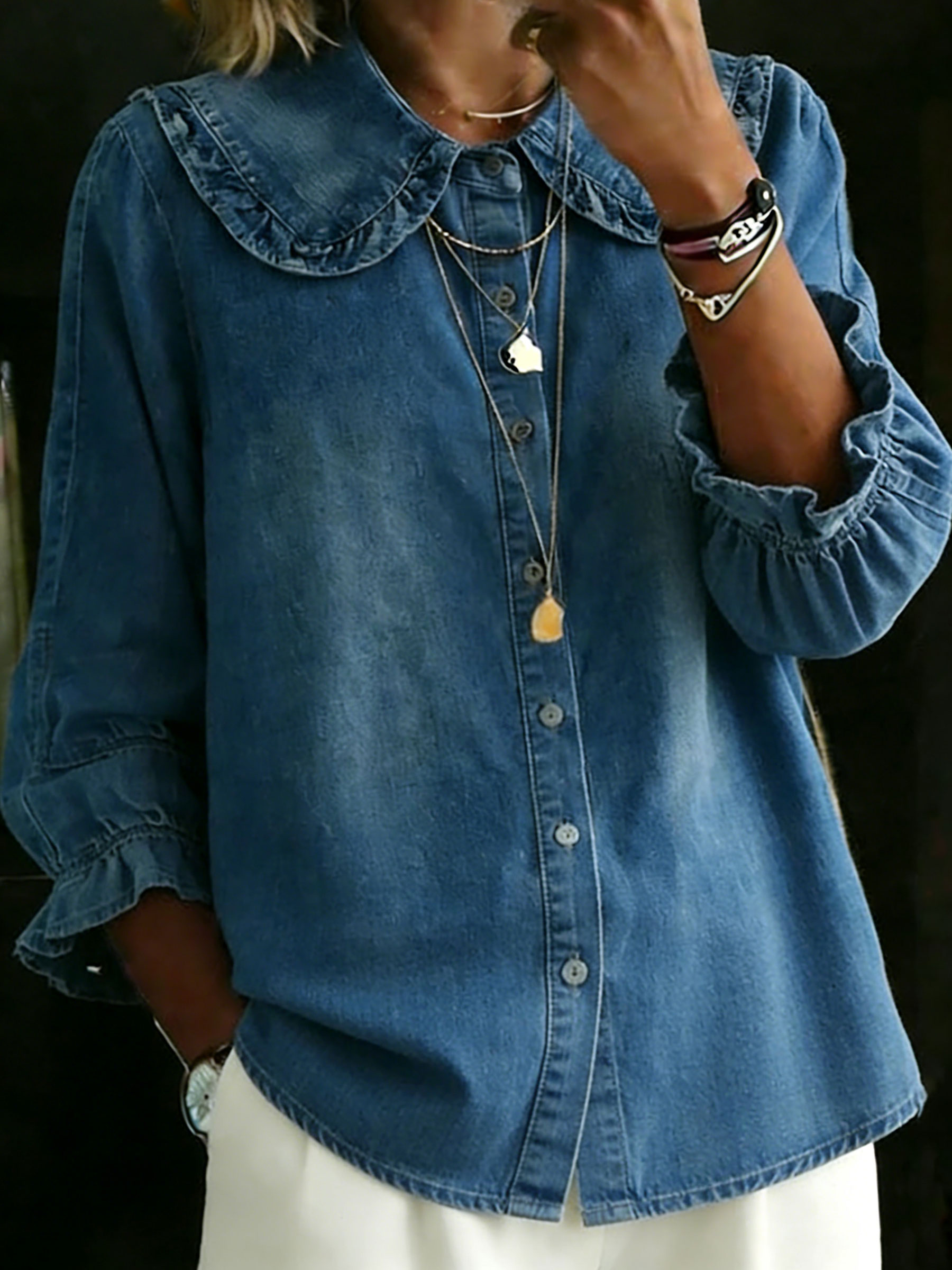 Women's Peter Pan Collar Denim Cotton Shirt