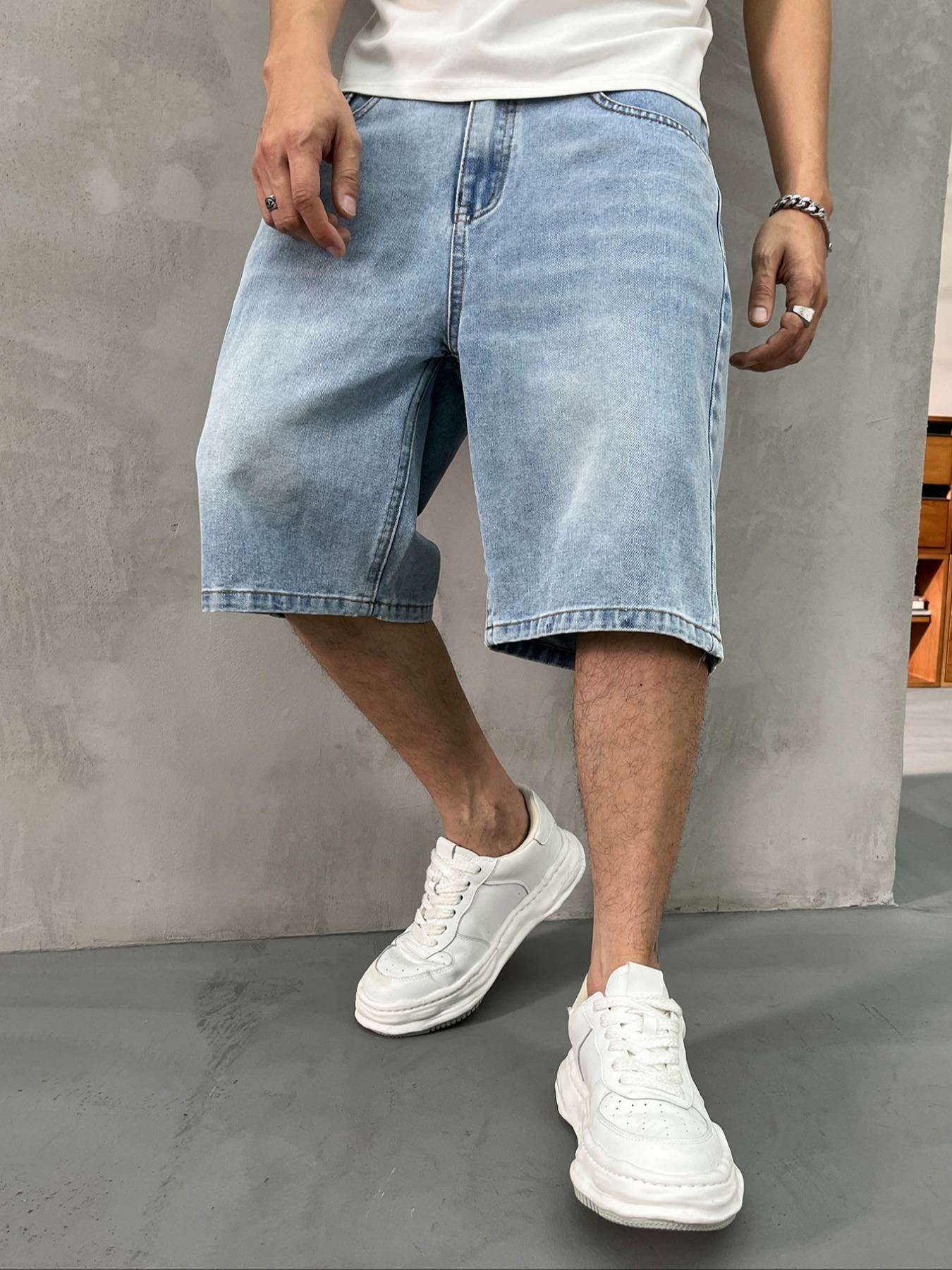 Men's washed retro color denim shorts, trendy, versatile, loose straight-leg casual streetwear denim five-point pants