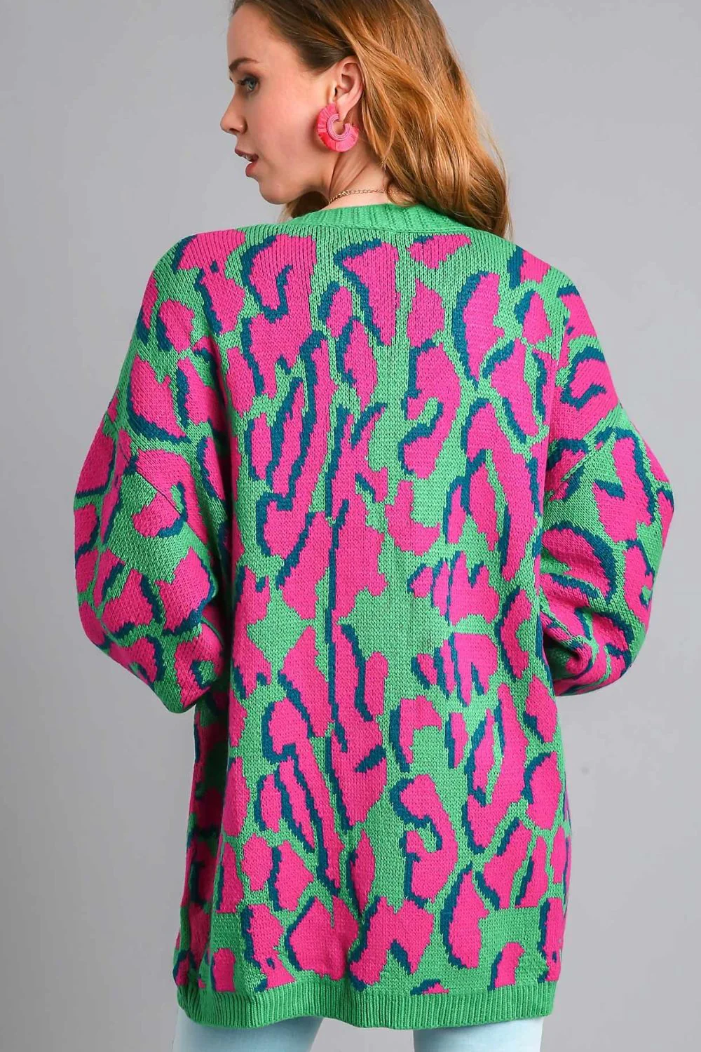 Elegant Animal Print Open Front Cardigan with Side Pockets Plus Size