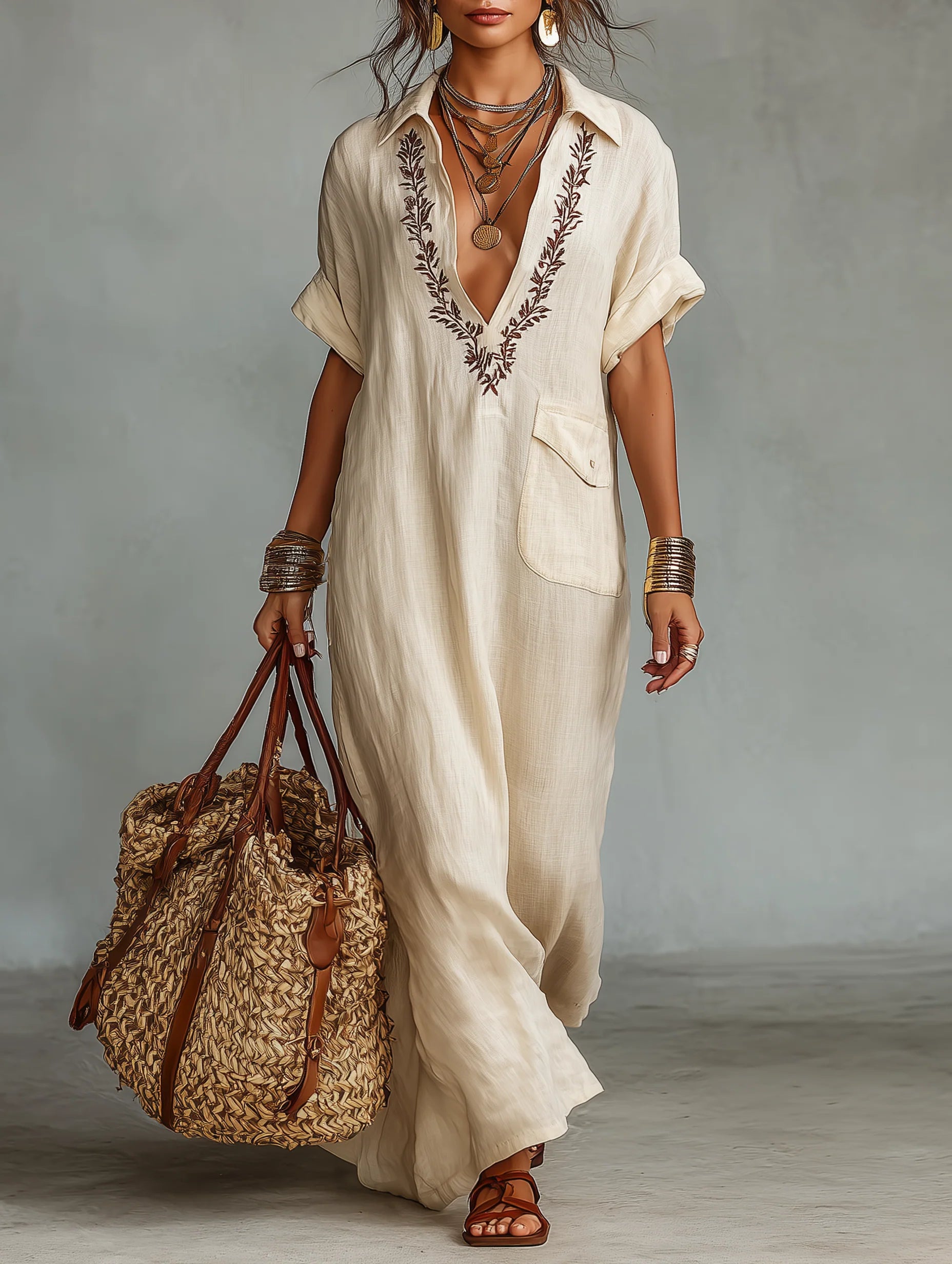 Minimalist Embroidered Short-sleeved Shirt Maxi Dress