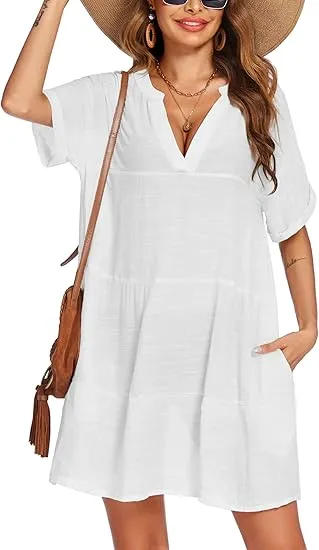 Women’s Tassel Swimsuit Cover Up Dress – V-Neck Short Sleeve Beach Cover Up Shirt