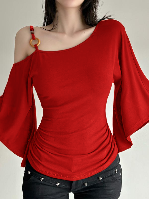 Women’s Retro Asymmetrical Beaded Shoulder Top – Slim Fit Flounce Sleeve Blouse