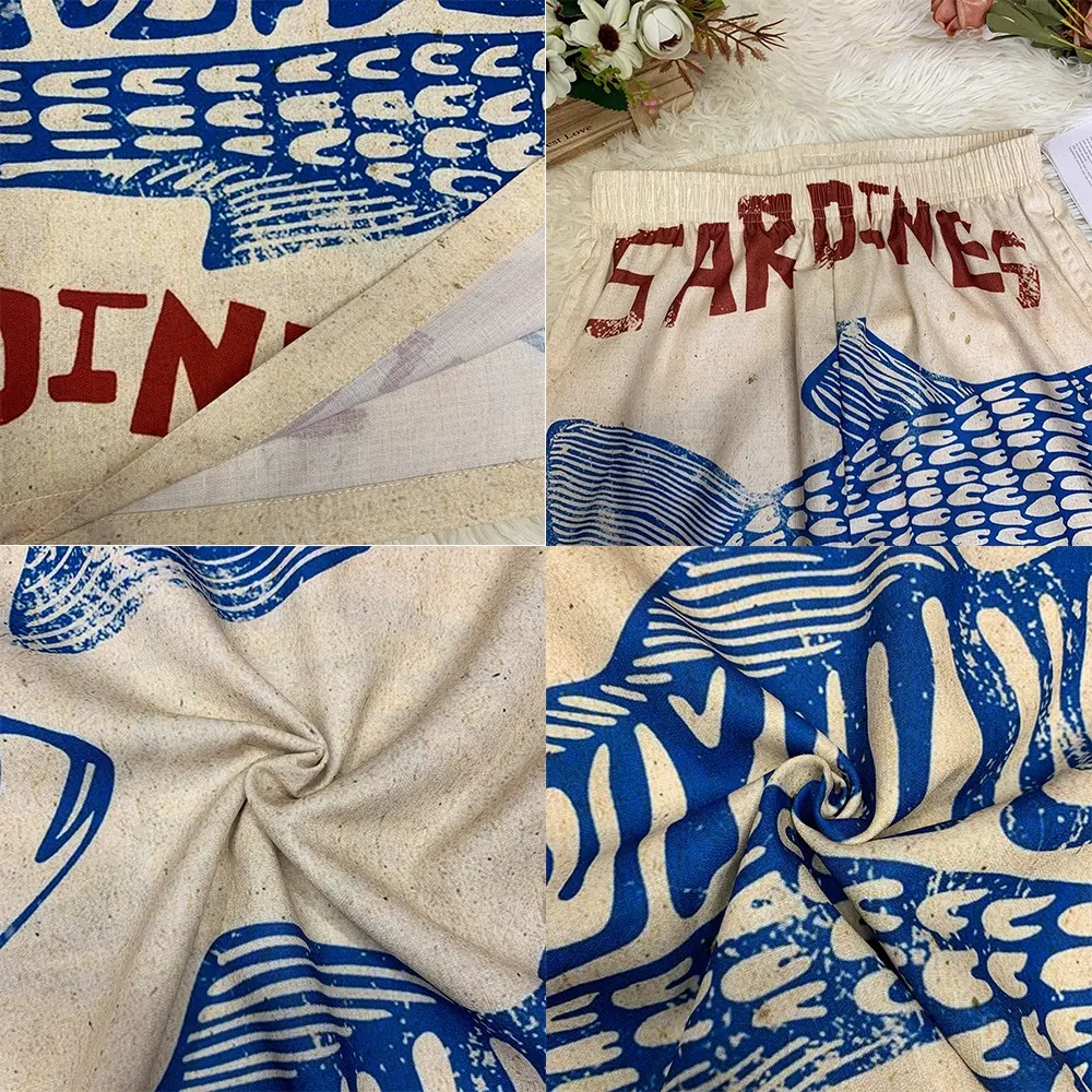 Women's Retro Nautical-Style Sardine Print Wide-Leg Pants with Contrasting Painted Loose and Comfortable