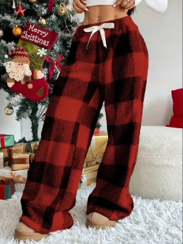 Winter New Vintage Plaid Elastic Straight Loose Thick Warm Casual Pants