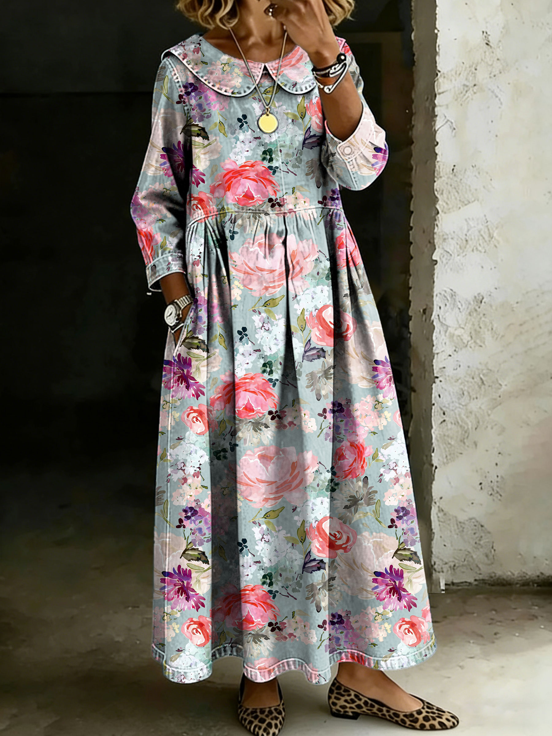 Women's Vintage Flower Peter Pan Collar Long-sleeved Casual Loose Denim Dress