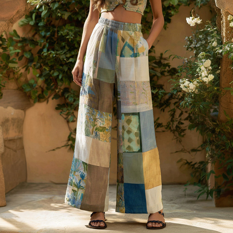 Women's Retro Bohemian Floral Patchwork Linen Trousers