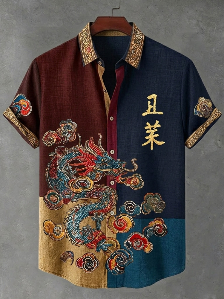 Men's Retro Japanese Dragon Print Short-sleeve Shirt