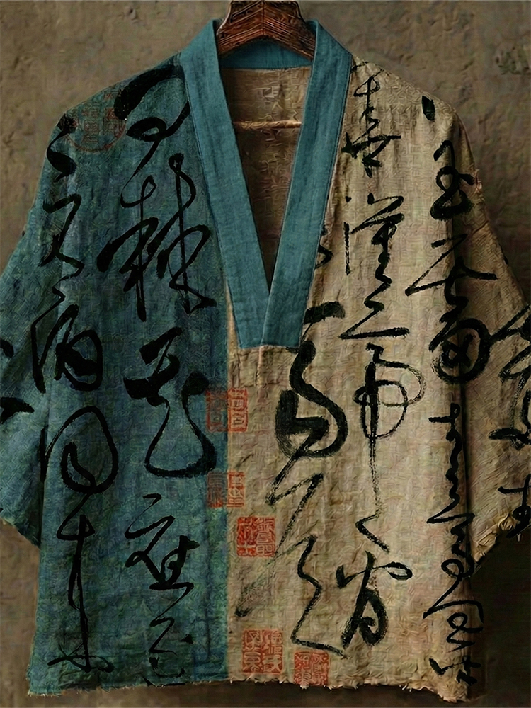 Men's Retro Calligraphy Art Print Linen V-neck Shirt