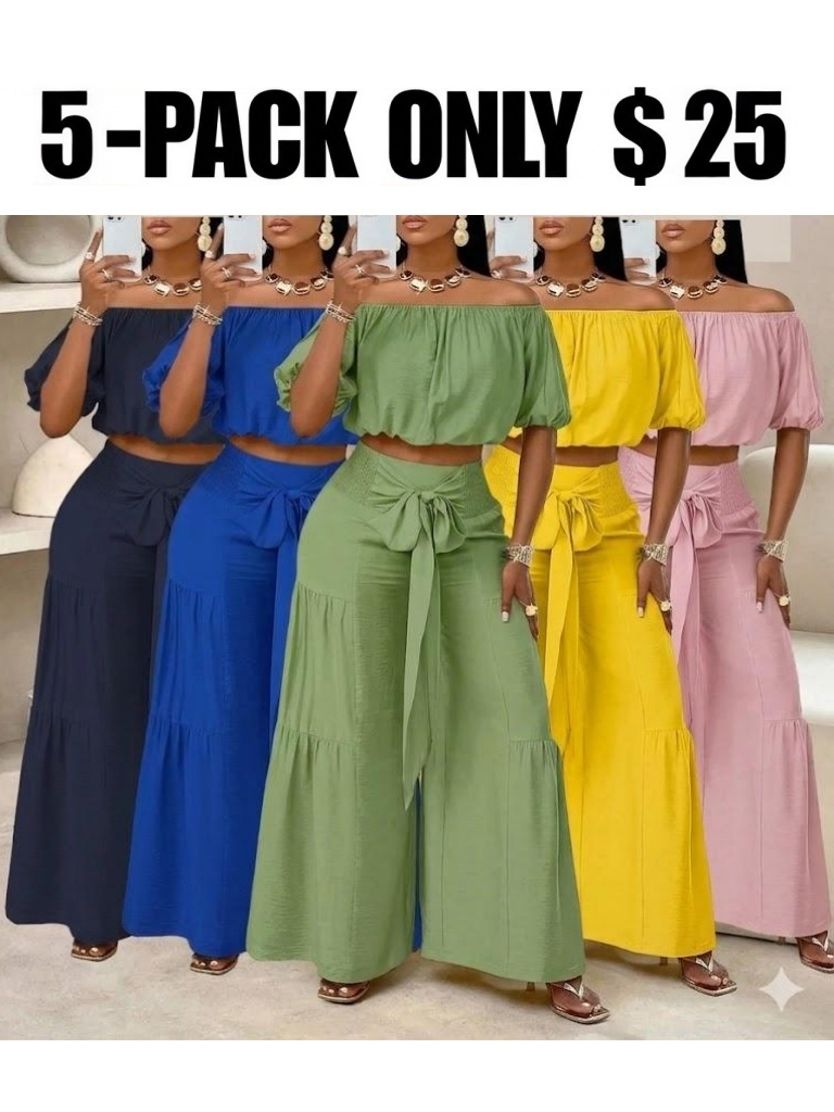 Summer Beach Vacation Bow Shoulderless Round Neck Shirt Wide Leg Pants Set