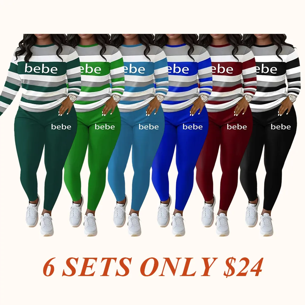 Women's Striped Bebe Letter Print Casual Autumn Winter Round Neck Long Sleeve Top & Pants Set