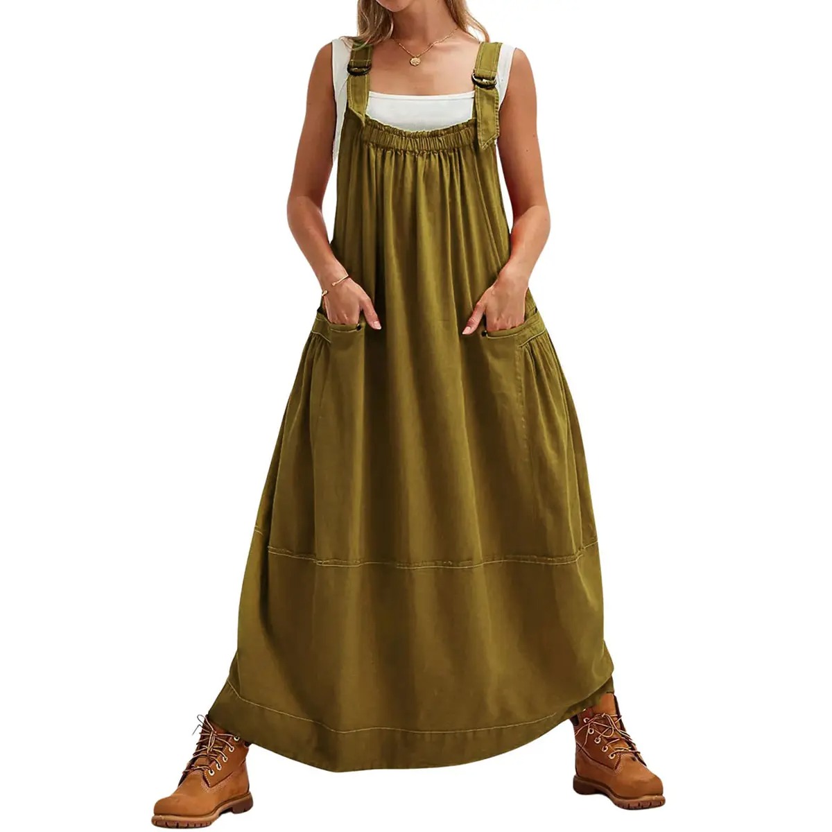 Women's Sleeveless Strappy Barrel Midi Dress with Pockets & Adjustable Straps