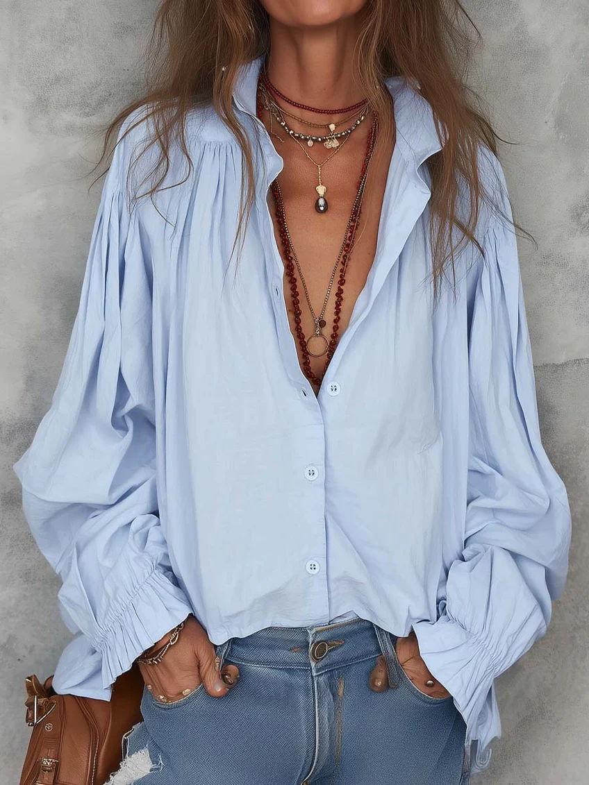 Minimalist Cozy Solid Color Stand Collar Cotton Blouse