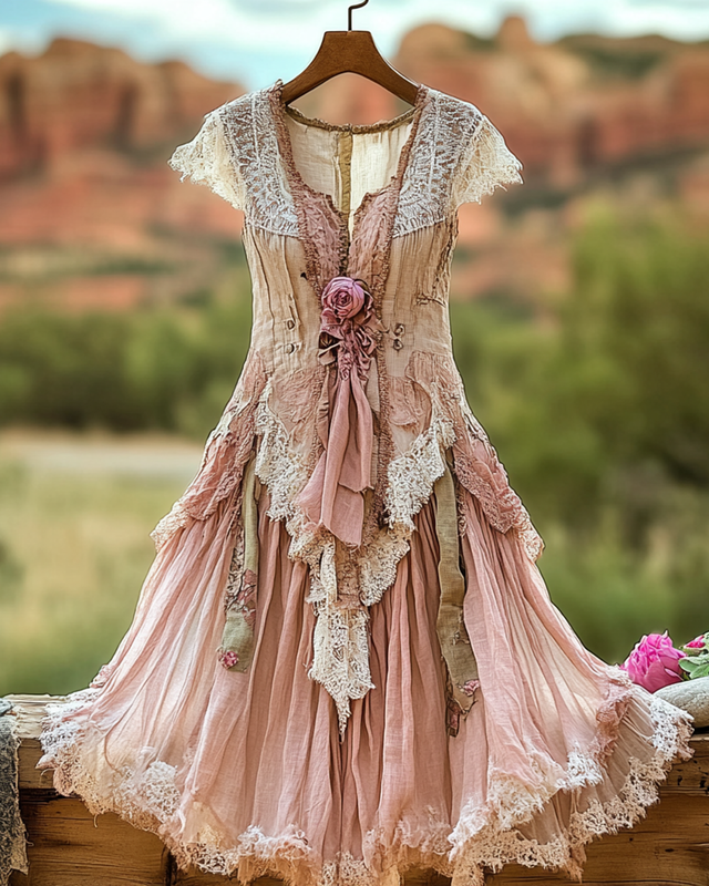 Summer Vintage Floral Lace Patchwork Blue Dress 9144