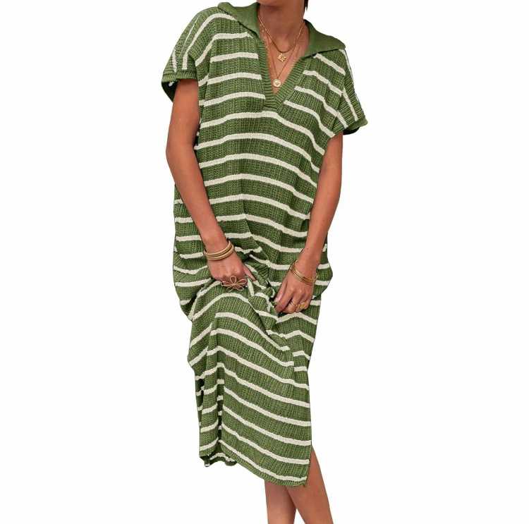 Women's Striped Summer Dress – V-Neck Short Sleeve Knit Collar Loose Maxi Dress with Slit