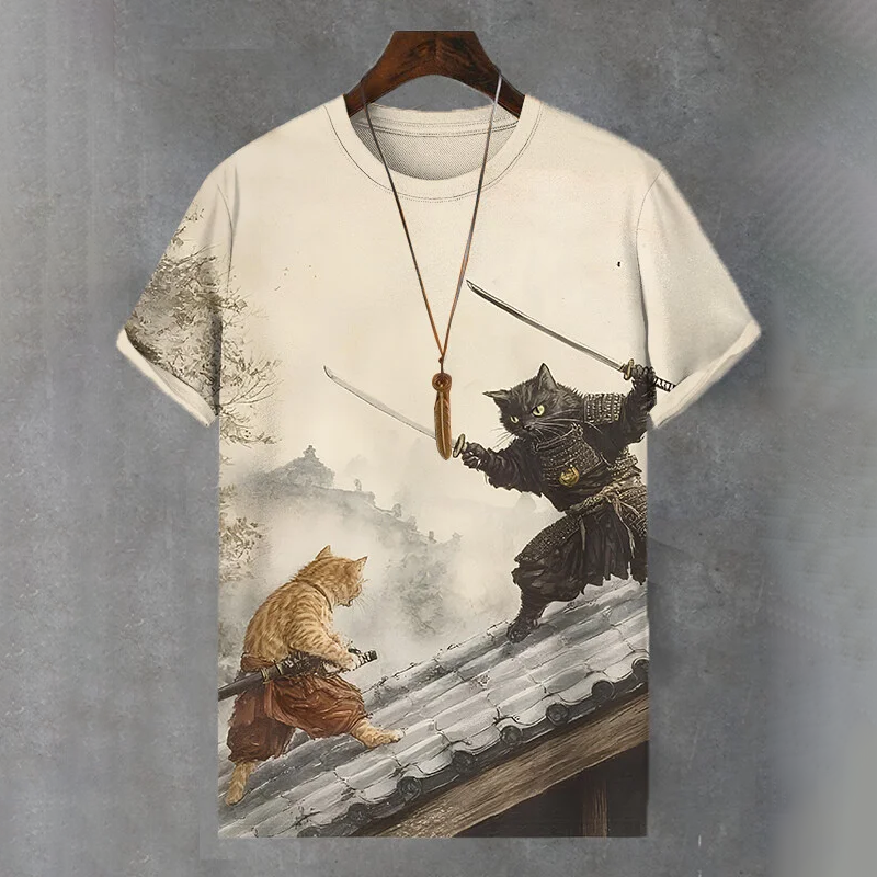 Men's Japanese Cat Swordsman Duel Art Print Comfortable T-shirt