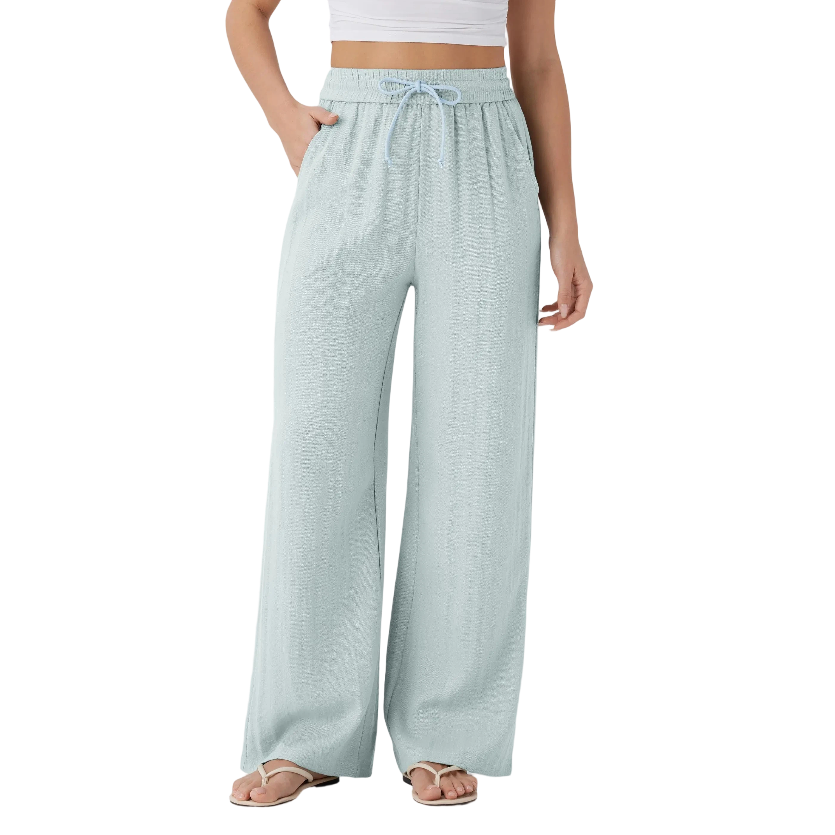Women's High Waisted Drawstring Pocket Wide Leg Casual Linen-Feel Pants