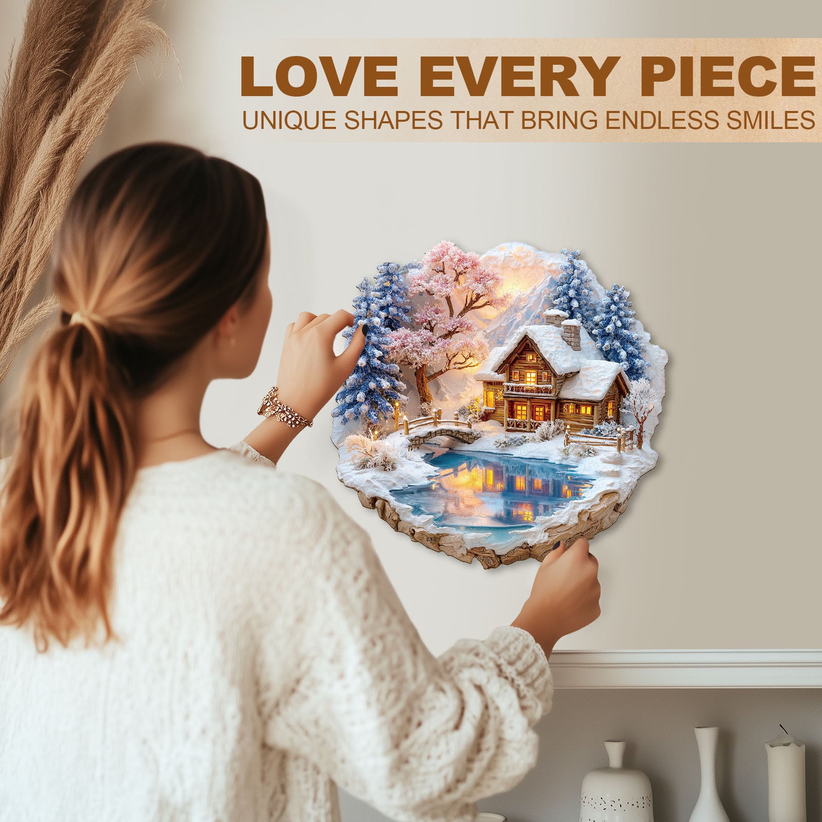 Snow scene on the lake Wooden Jigsaw Puzzle