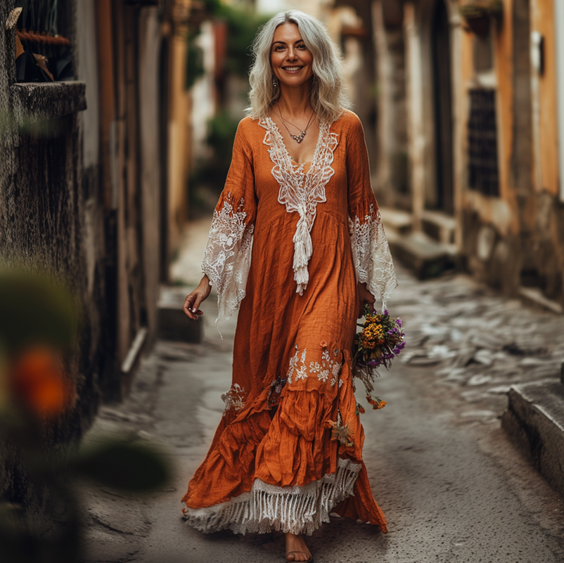 Vintage Loose Linen Patchwork Dress 7aac