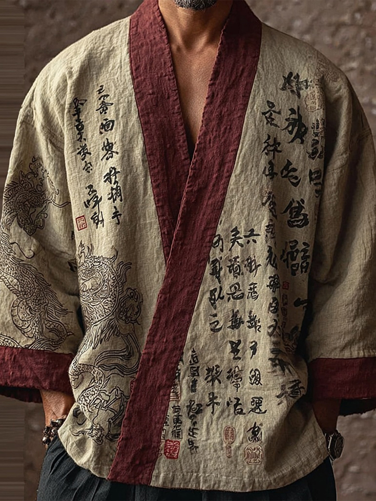 Men's Retro Dragon Calligraphic Art Contrast Color Linen Kimono