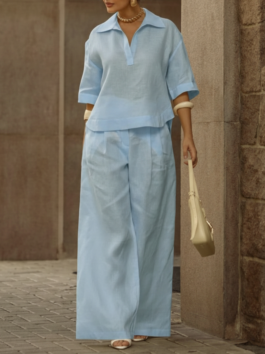 Women's Casual Linen And Cotton Shirt And Wide-leg Pants Two-piece Set