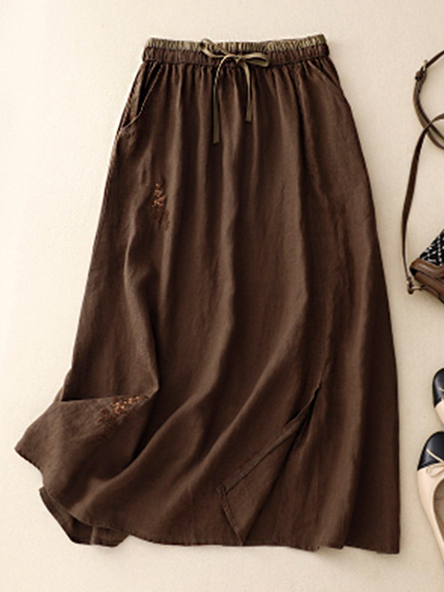 Women's Artistic Embroidery Elastic Waist Colorblock A-Line Loose Linen Skirt