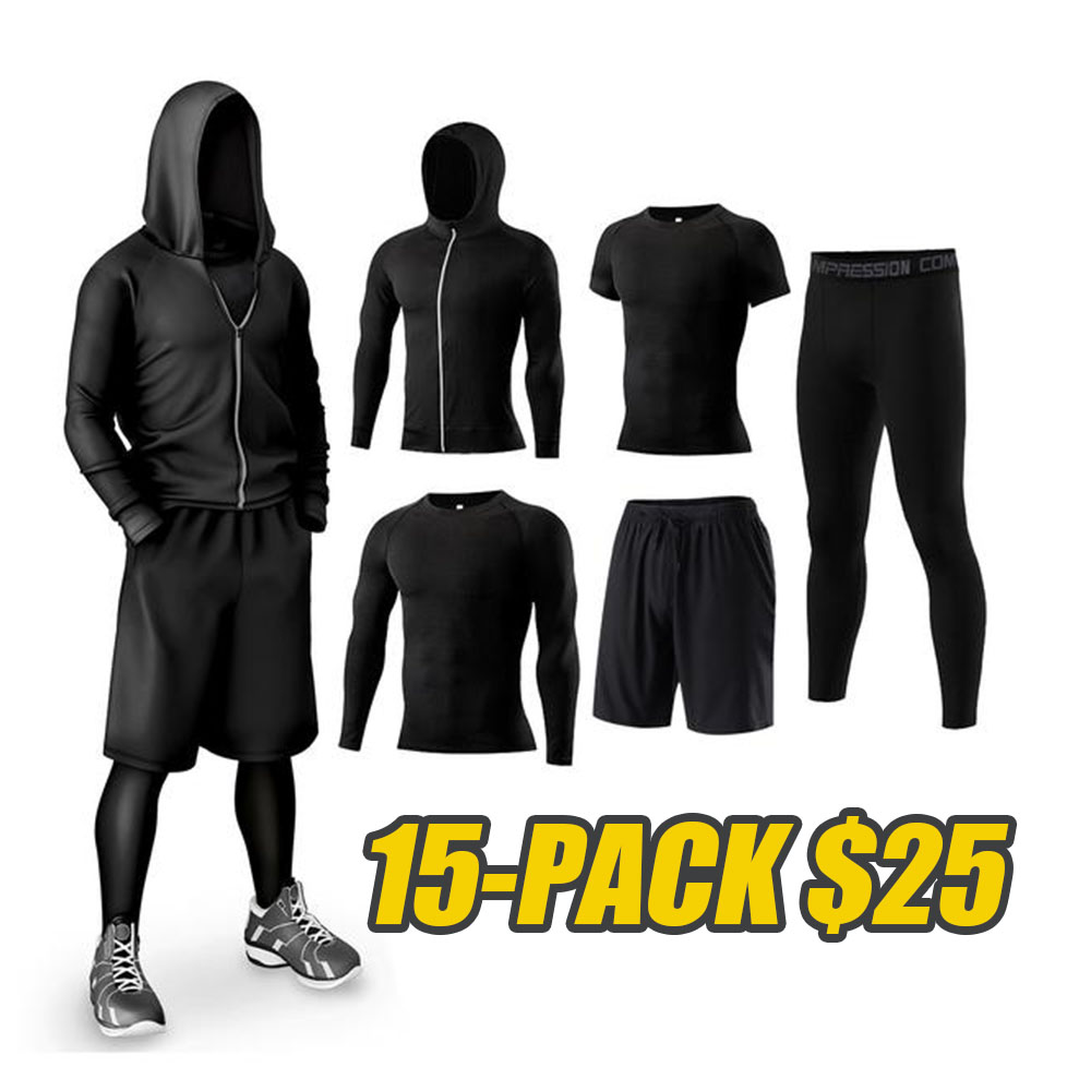Men's Solid Tracksuit Set, Sporty Zipper Hooded Jacket & Top & Short Sleeve Tee & Letter Tape Waist Leggings & Drawstring Shorts