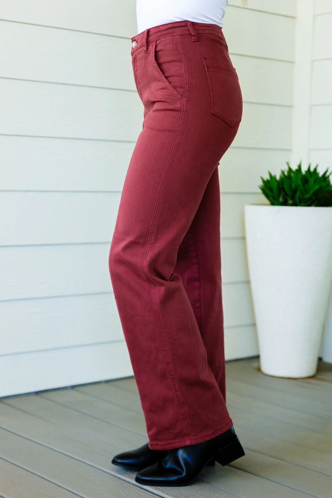 Blue Phoebe High Rise Front Seam Straight Jeans in Burgundy