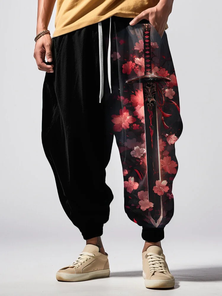 Men's Japanese-style Sword And Cherry Blossom Print Sweatpants