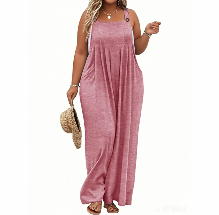 2025 Plus Size Wide Leg Jumpsuit – Loose Summer Romper with Pockets