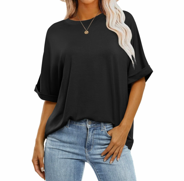 2025 Women's Oversized T-Shirt - Crewneck, Short Roll Sleeves, Relaxed Fit