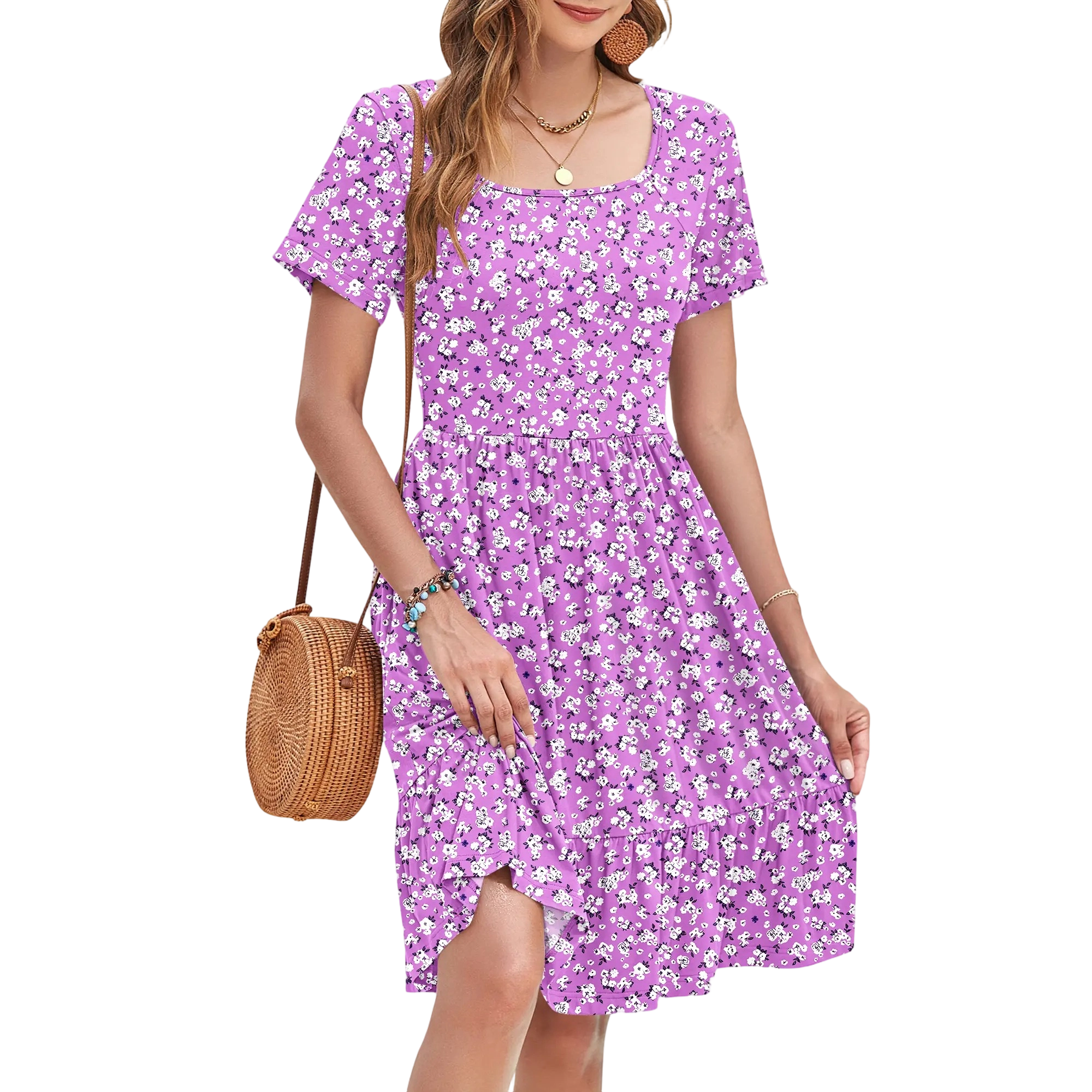 Womens Square Neck Casual Short Sleeve Dress 2026