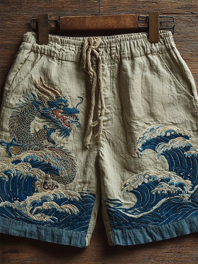 Japanese Dragon & Sea Waves Embroidered Linen Shorts