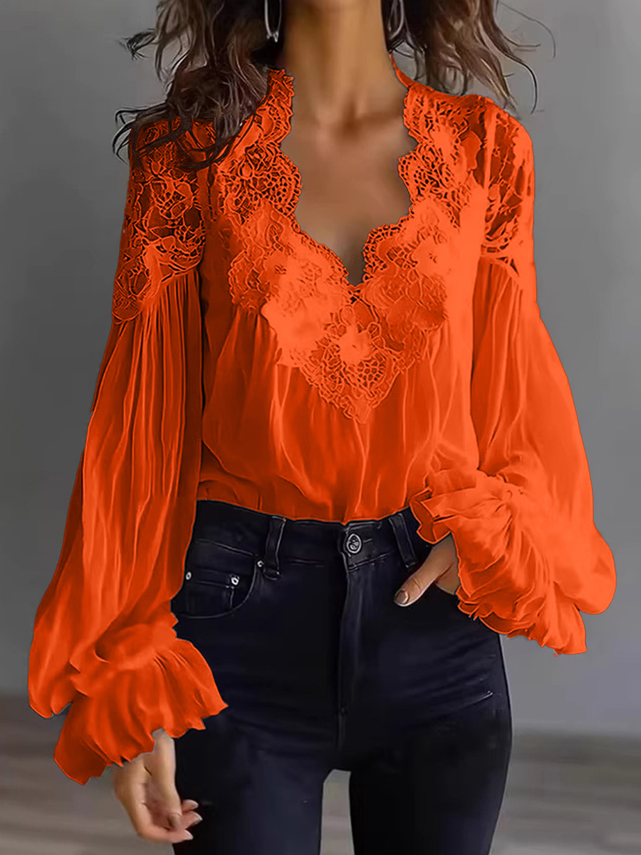 Women's Lace Patchwork Puff Sleeve Shirt