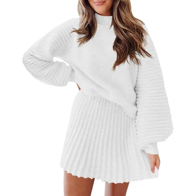 Women's 2 Piece Outfits 2025 Long Sleeve Mock Neck Ribbed Sweaters And Mini Skirt Two Piece Sets