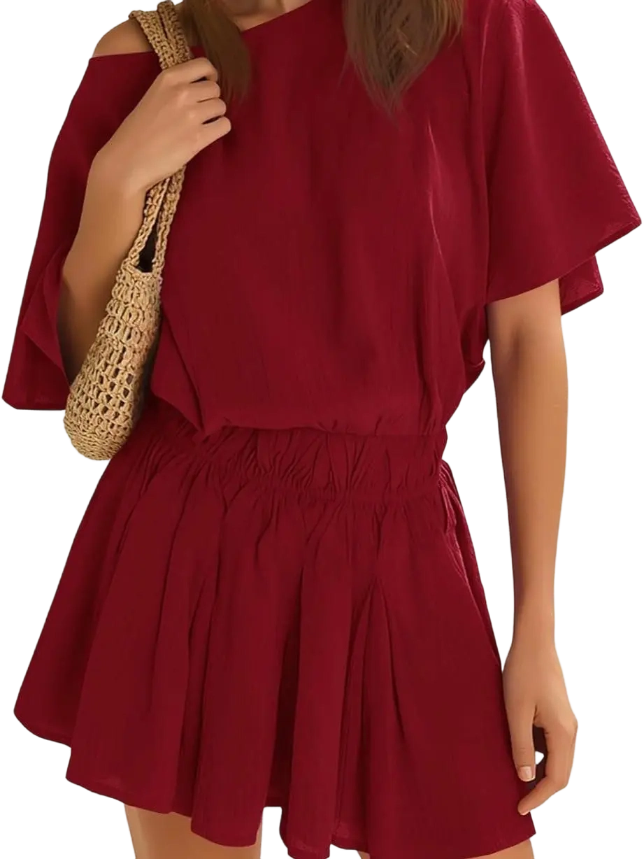 Women’s Casual 2 Piece Outfit Short Sleeve Loose Top and Flowy Mini Skirt Set for Summer Vacation Suits