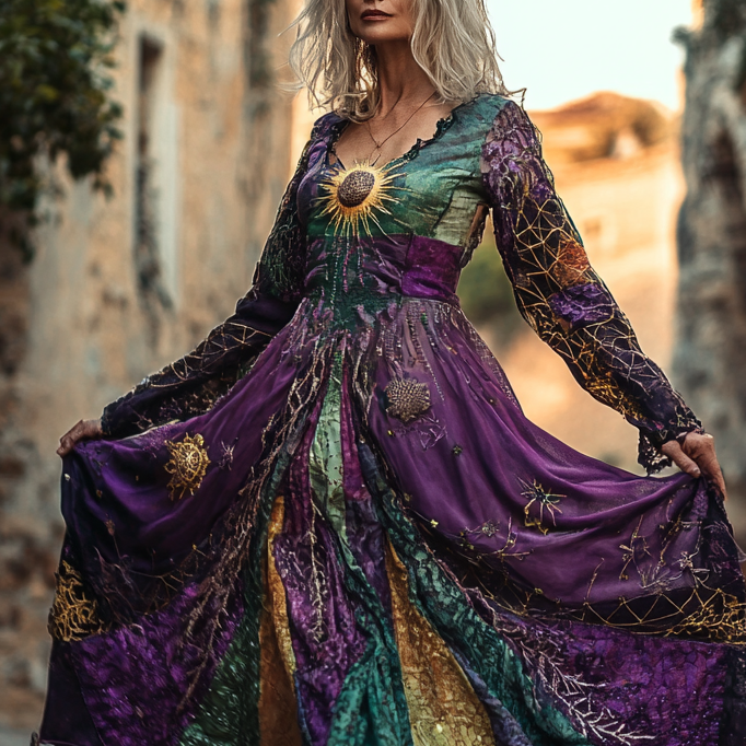 Vintage linen dress with star and sun embroidery 88d0