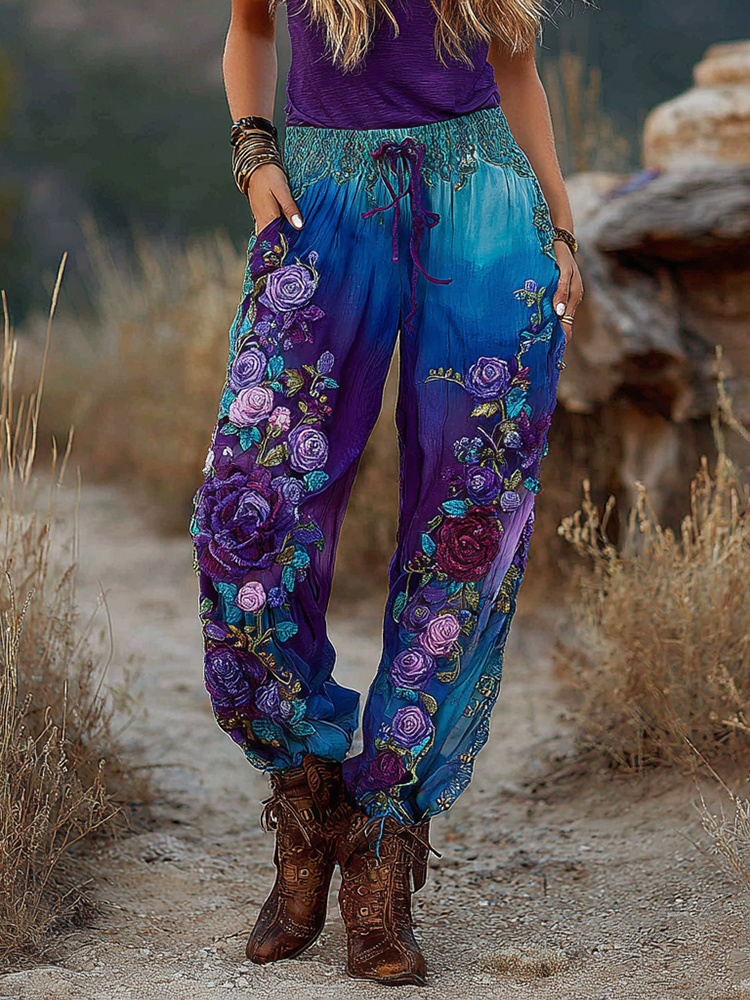 Classy Vintage Purple And Blue Lavender Patchwork And Floral Embroidered Art Gradient Linen Pants