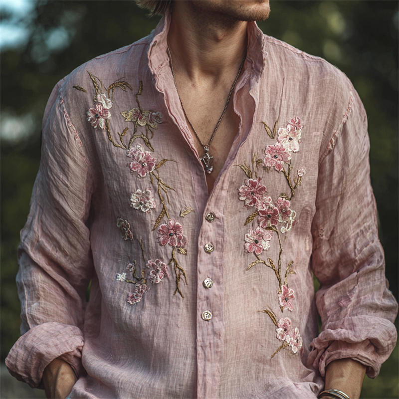 Men's Vintage Pink Cherry Blossom Embroidered Flowy Linen Shirt
