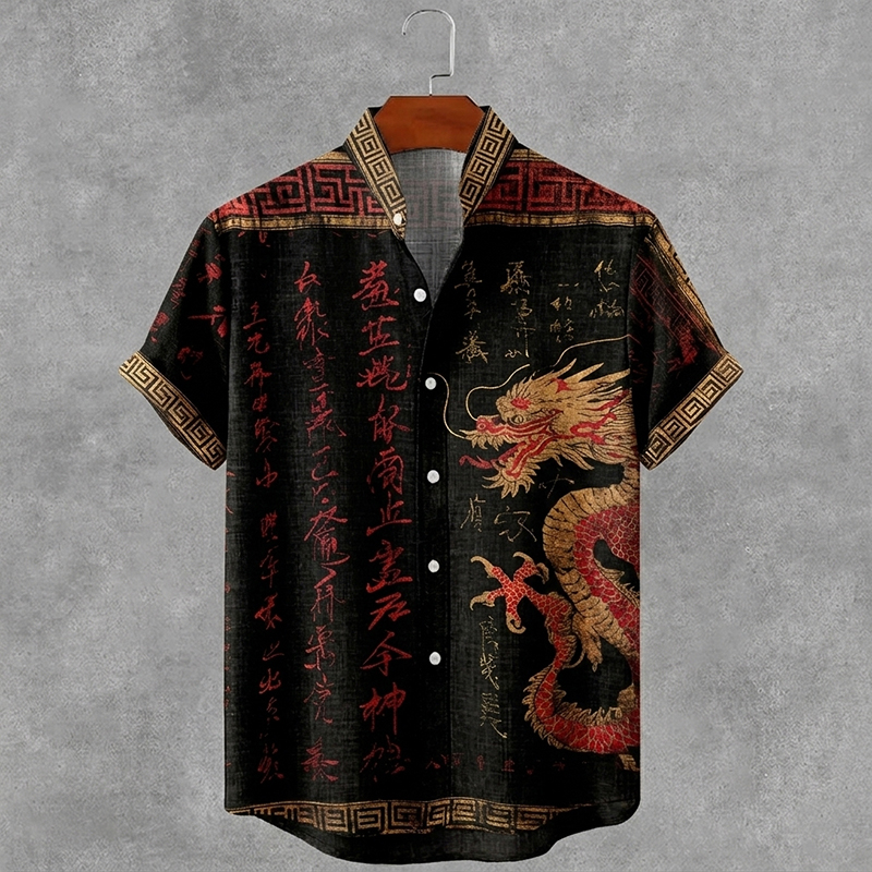 Men's Japanese Calligraphy Dragon Art Pattern Casual Linen Shirt