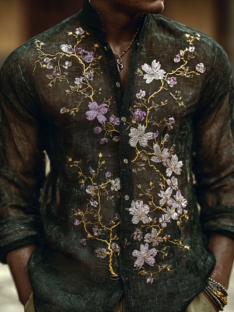 Bohemian Style Purple Flower Mysterious Men's Long-sleeved Shirt