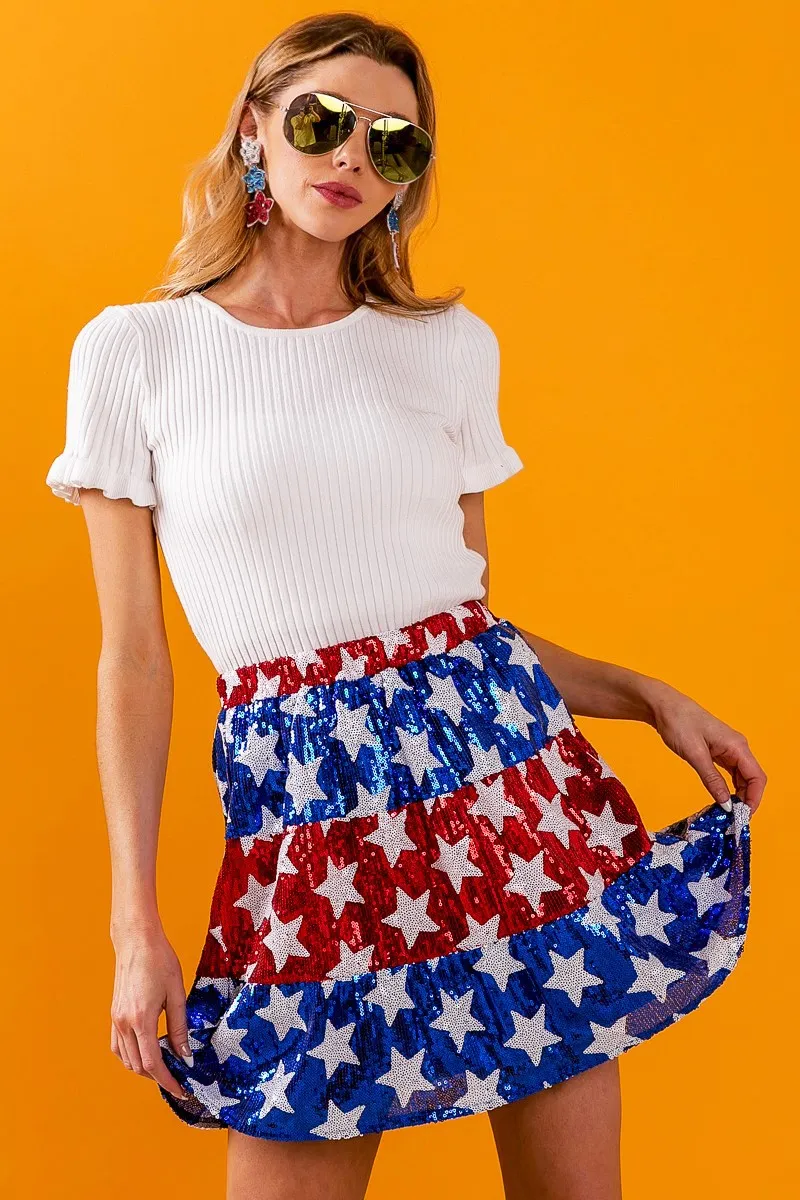 American Flag Theme Star Sequin Tiered Skirt