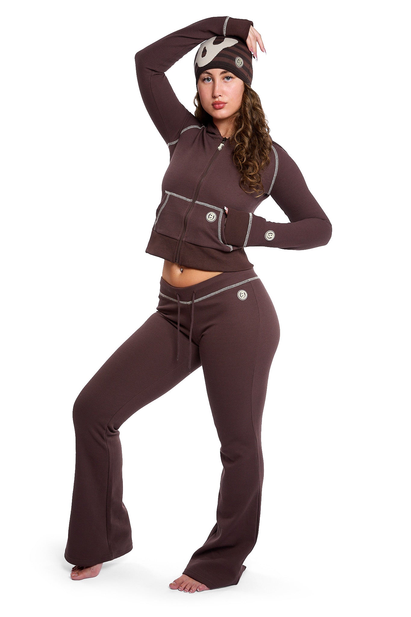 WAFFLE KNIT BOOT CUT PANTS (ESPRESSO BROWN/CREAM)