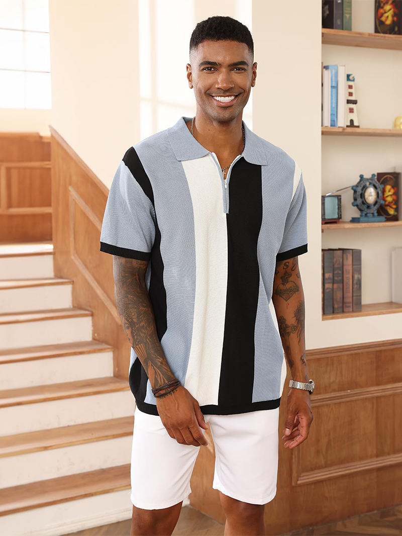 Men's Fashion Polo Shirts Vintage Striped Knitting Shirts Casual Slim Fit Golf Shirts
